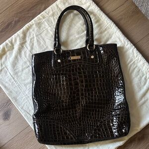 Cole Haan Dark Brown Patent Leather Crocodile-Embossed Tote with Gold Accents